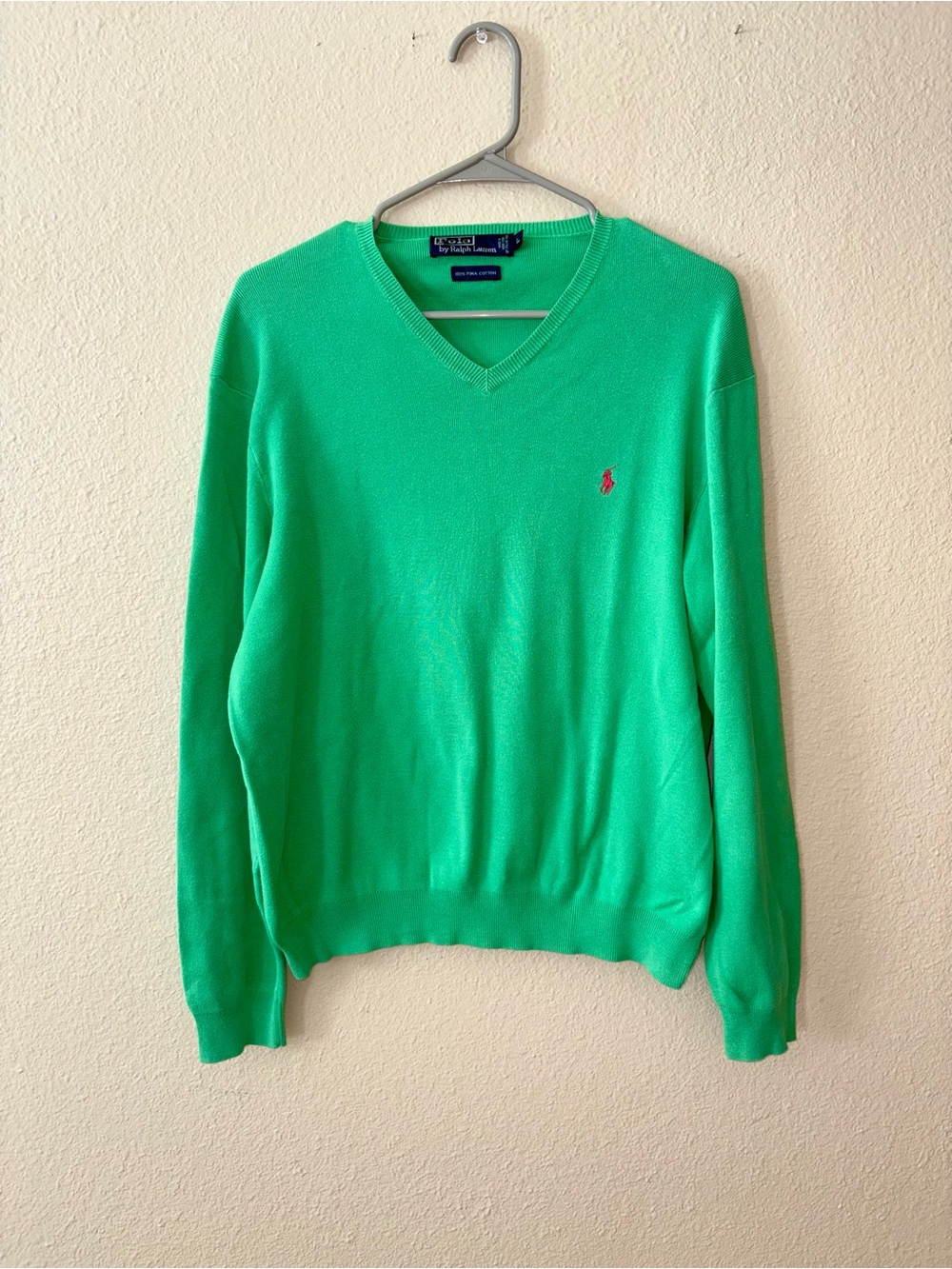 Vintage Polo by Ralph Lauren Men’s Bright Green V-Neck Pullover Sweater
